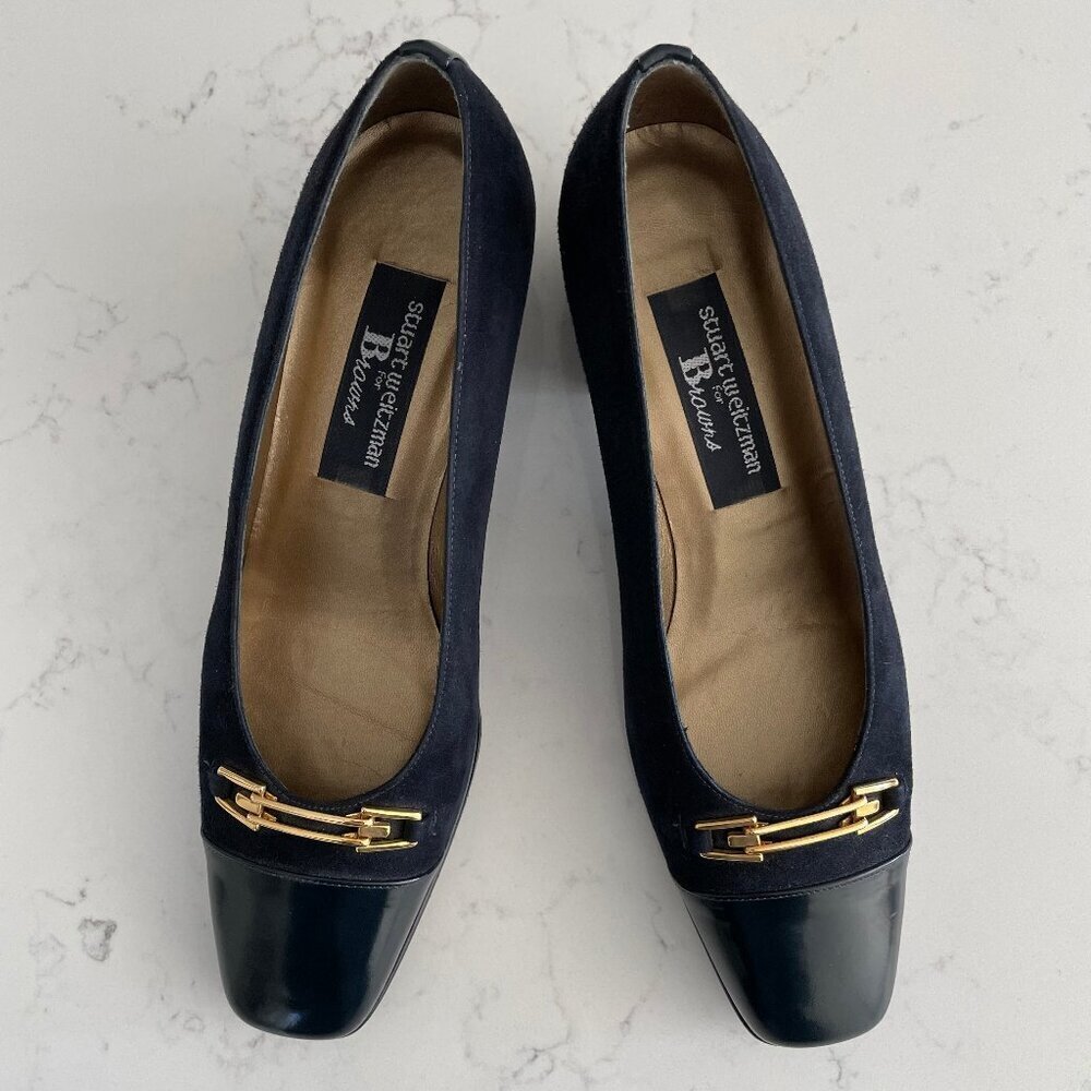 Stuart Weitzman Navy Blue and Gold Low Heel Pumps